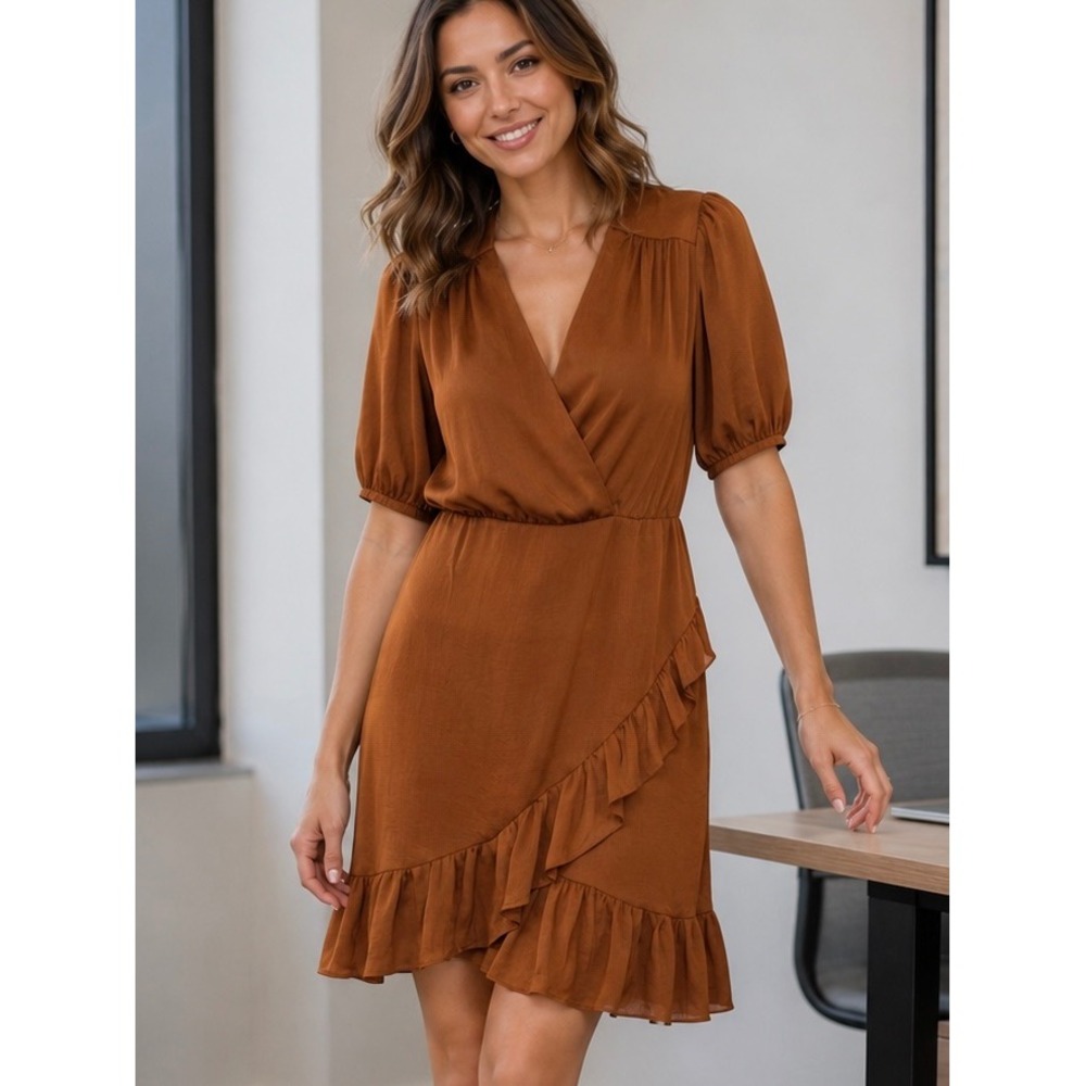 Express Cognac Brown Faux Wrap Ruffle Mini Dress Large Surplice Puff Sleeve